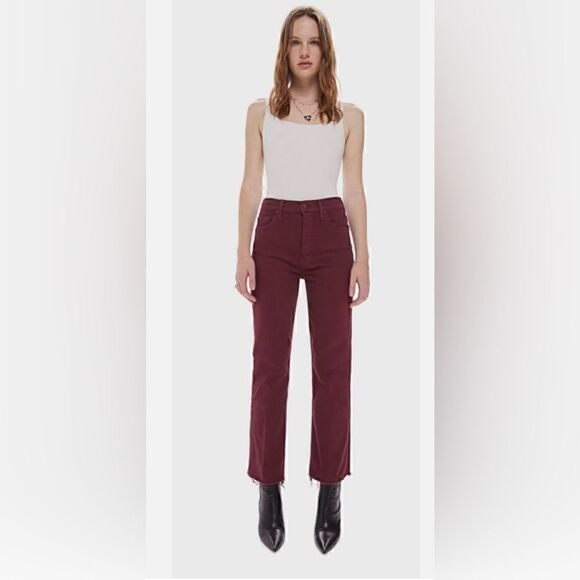 Mother The Tripper High-Rise Stretch Ankle Fray Cropped Jeans Burgundy Size 34 - Picture 13 of 14